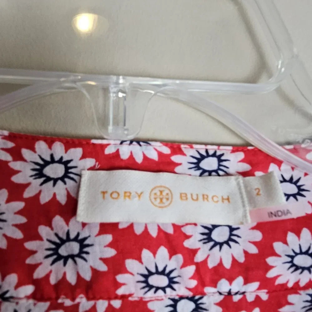 Tory Burch Jayne Nantucket Red Daisy Floral Embroidered Cotton Tunic Womens Sz 2